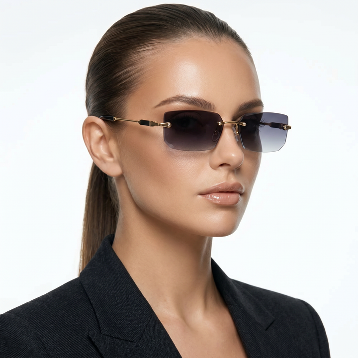 Lennox Shades — Onyx Smoke (model, three-quarter right with blazer)