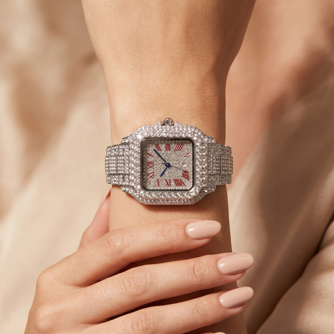 Étoile Iced Watch — Crimson Crystal, wrist shot vertical