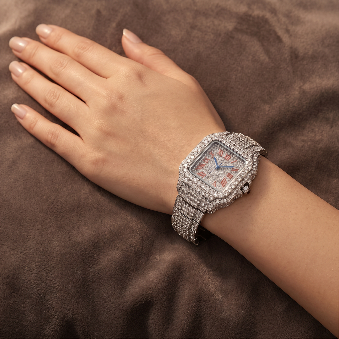 Étoile Iced Watch — Crimson Crystal, wrist shot resting flat