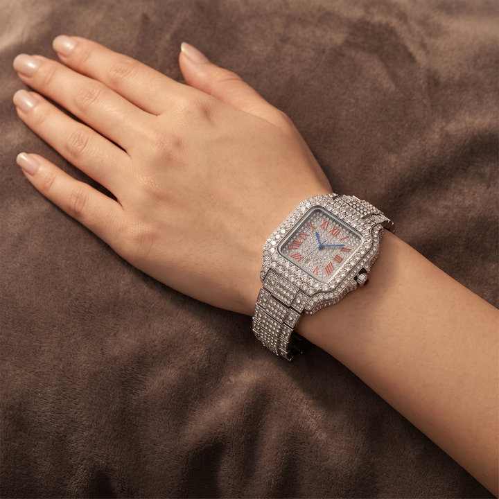 Étoile Iced Watch — Crimson Crystal, wrist shot resting flat