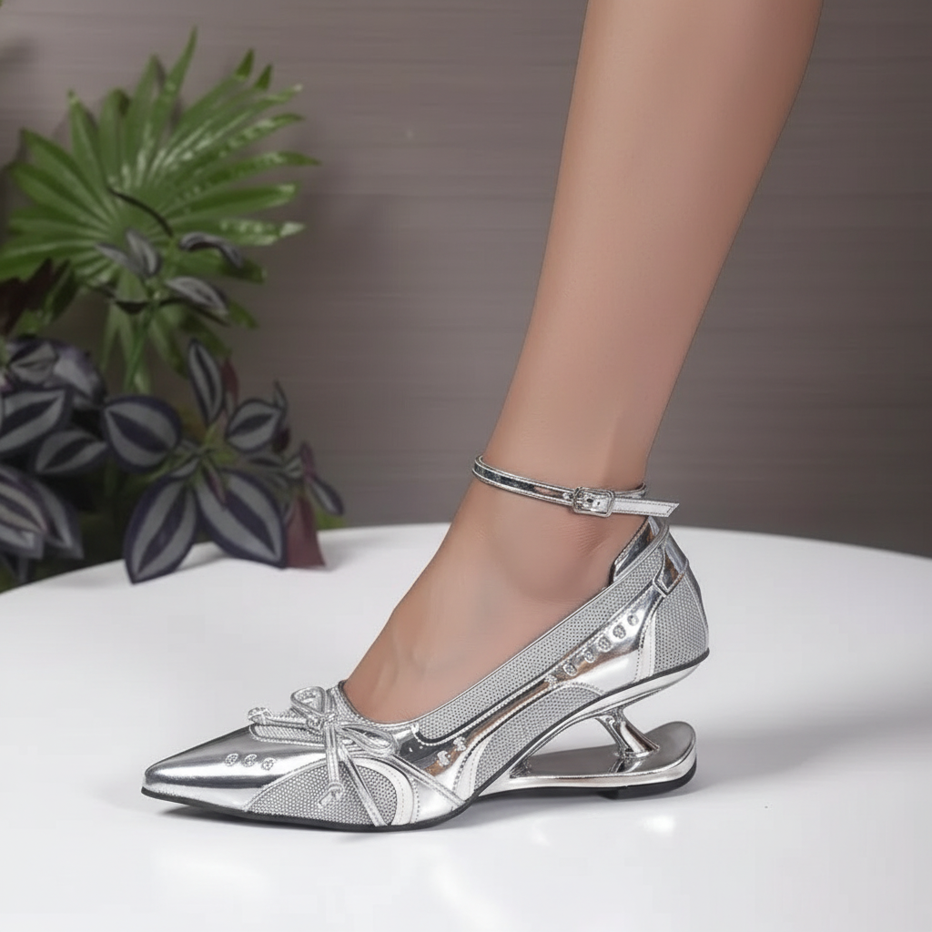 Aurelia Heels in Silver Mirage — on foot, alt angle